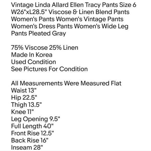 Vintage Linda Allard Ellen Tracy Pants Size 6 W26"xL28.5" Viscose & Linen Blend - Picture 2 of 6